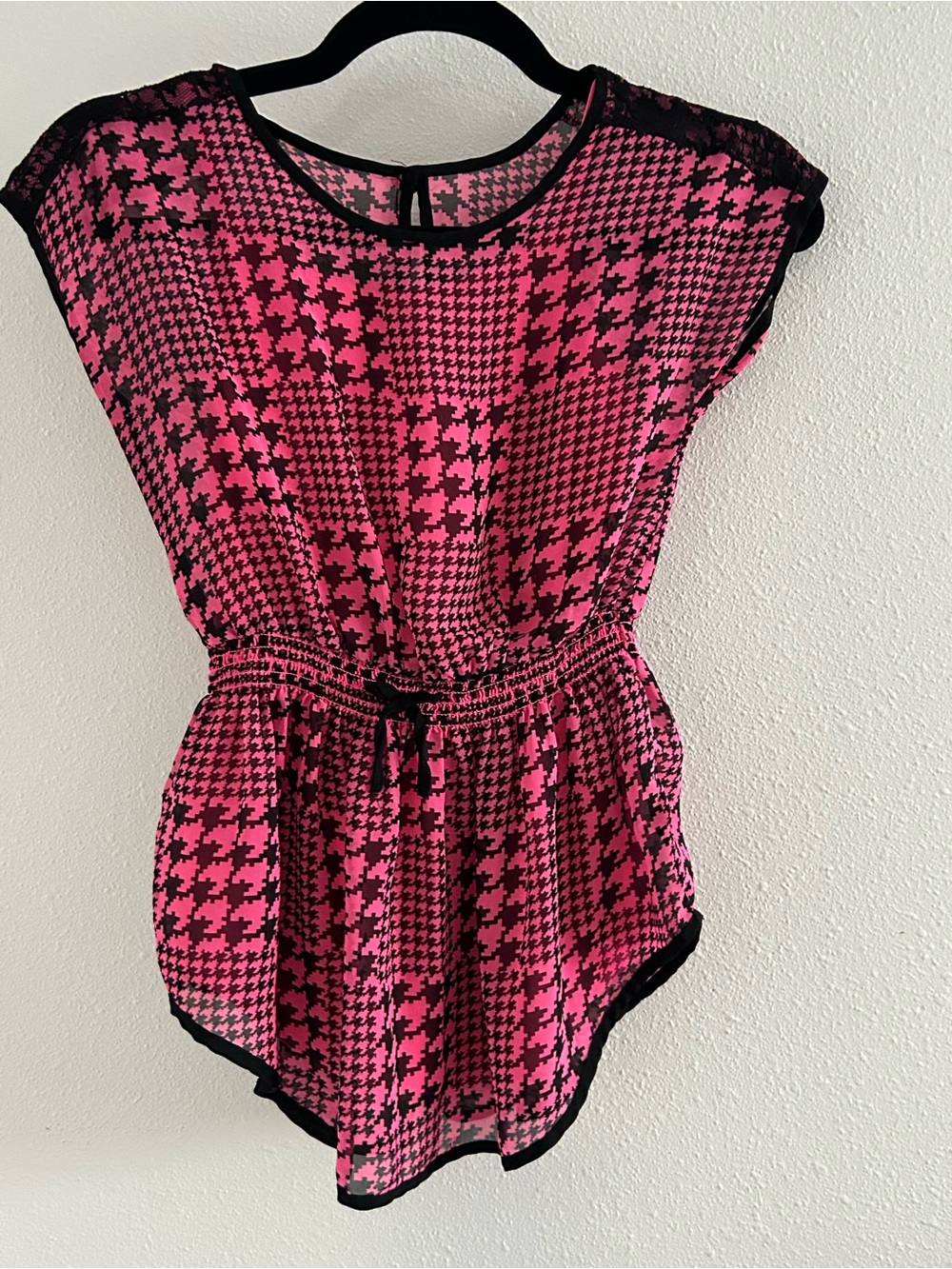 George Pink and Black Houndstooth Tie-Waist Girls Top